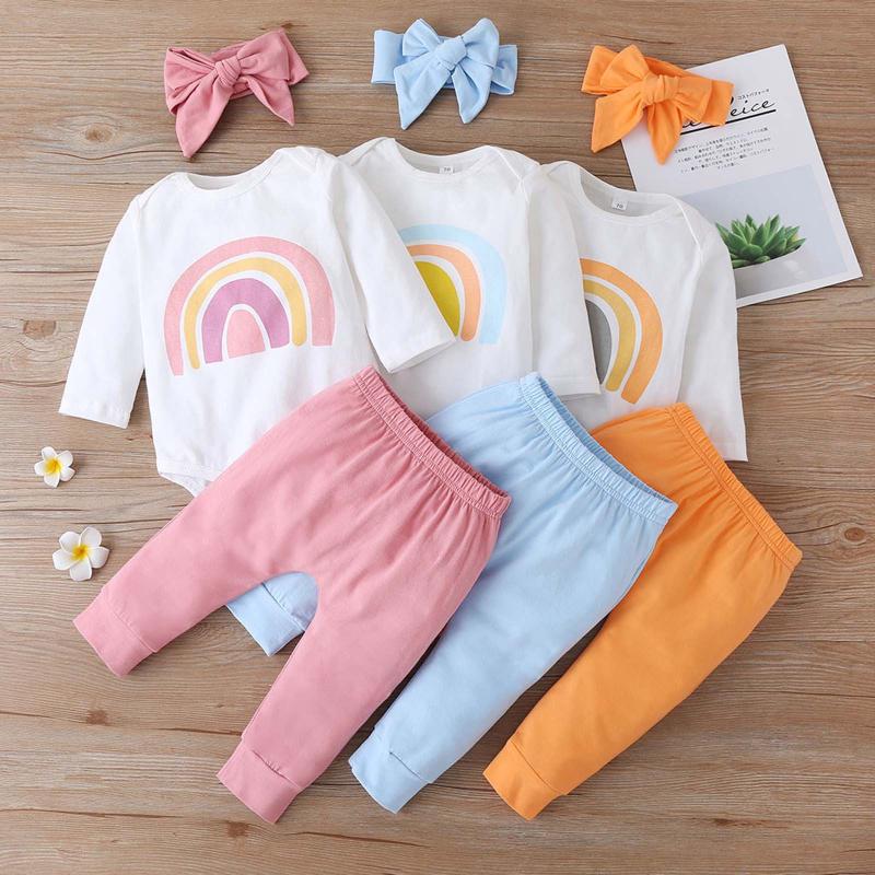 

Clothing Sets #48 Summer Baby Boy Girl Clothes Set Toddler Boys Girls Rainbow Print Romper Trousers Headwear Suit 3pcs Outfit, White