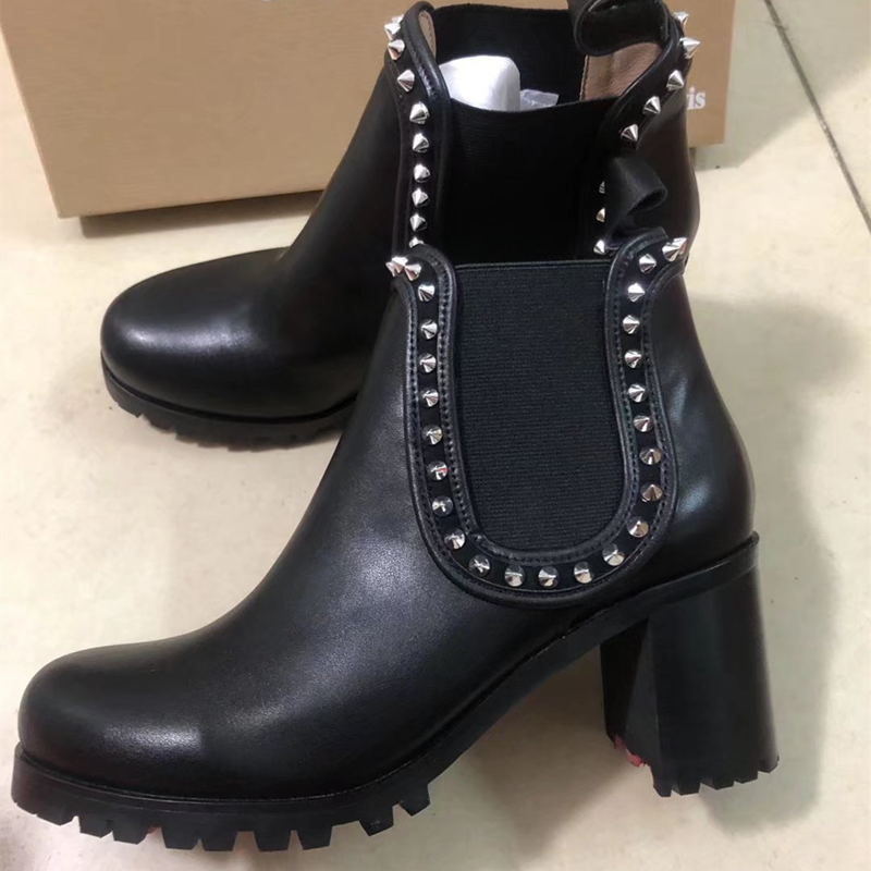 

Round Toe Square Heels Genuine Leather Sock Boots For Women Luxury Brand Women Shoes Platform Black Boots Zapatos De Mujer