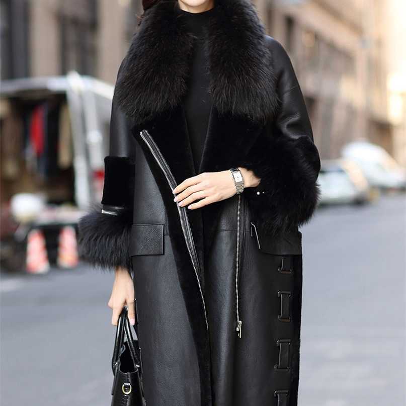 

Women's Winter Sheepskin Coat Leather Coat with Raccoon Fur Collar Jacket Sheep Shearing Fur Coat Fur Story FS20106A 211018, Synthetic leather