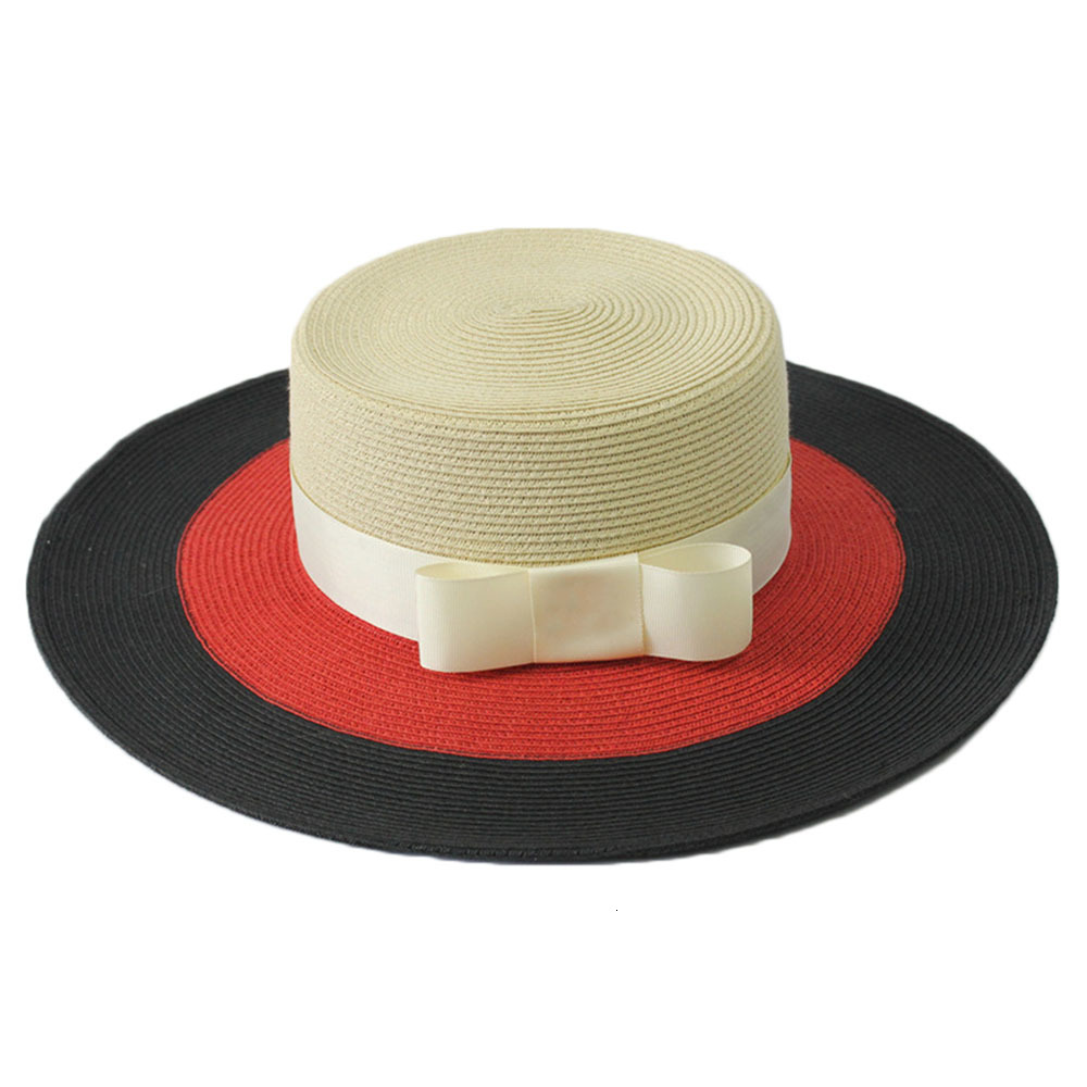 

2021 New Women Summer Wide Brim Ladies Fedoras Flat Black Red Patchwork Beige Straw Upf 50 Sun Boater Hat Ribbon Bow Beach Hats Hl8b, As show