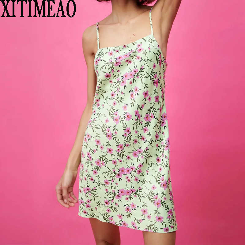 

ZA Women Sexy Retro Floral Print Dress Suspenders Low Chest Open Back Suspender Party Mini Skirt XITIMEAO 210604, Green
