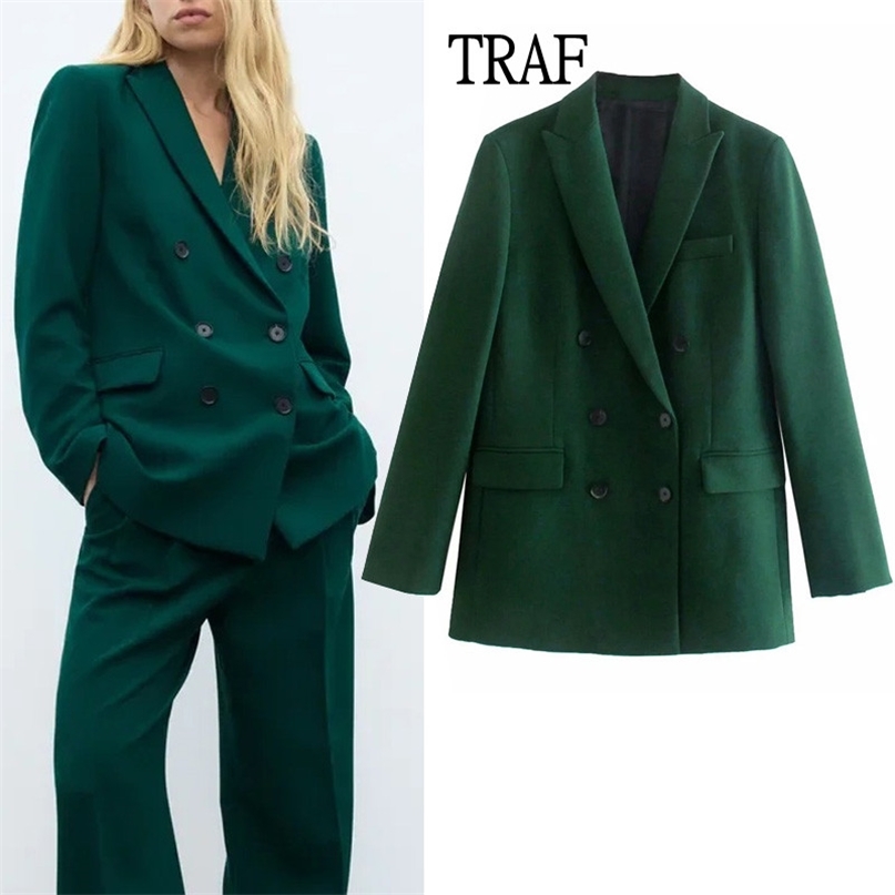 

TRAF Za Women Blazer Fashion Double-Breasted Casual Green Jacket Office Lady Long Sleeve Elegant Chic Tops 211019, Pants