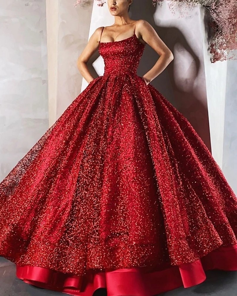 

2021 New Ball Gown Luxurious Sparkle Engagement Formal Prom Spaghetti Strap Sequins Floor Length Evening Deesses Vestido Formatura Opy8