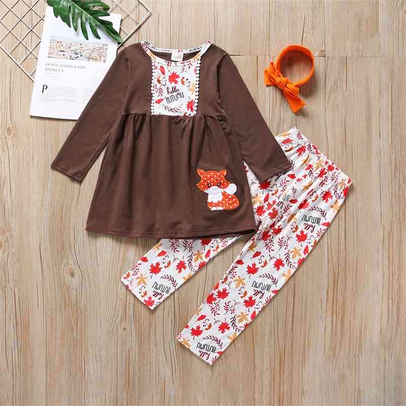 

Autumn Infant Rompers Clothes Long Sleeve O Neck Print Dress Pants Headscarf Baby Girls Costume 210629, Brown