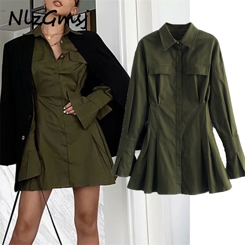 

Dress Woman Spring Sweet Turn-down Collar Flare Sleeve Shirt Women Simple Casual Ladies Slim Mini es 210628, As picture