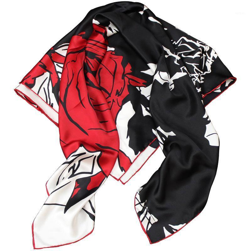 

Scarves Silk Scarf Brand Chinese Roses Large Square Female Elegant Fashion Ladies Accessories 110*110cm, Blue;gray