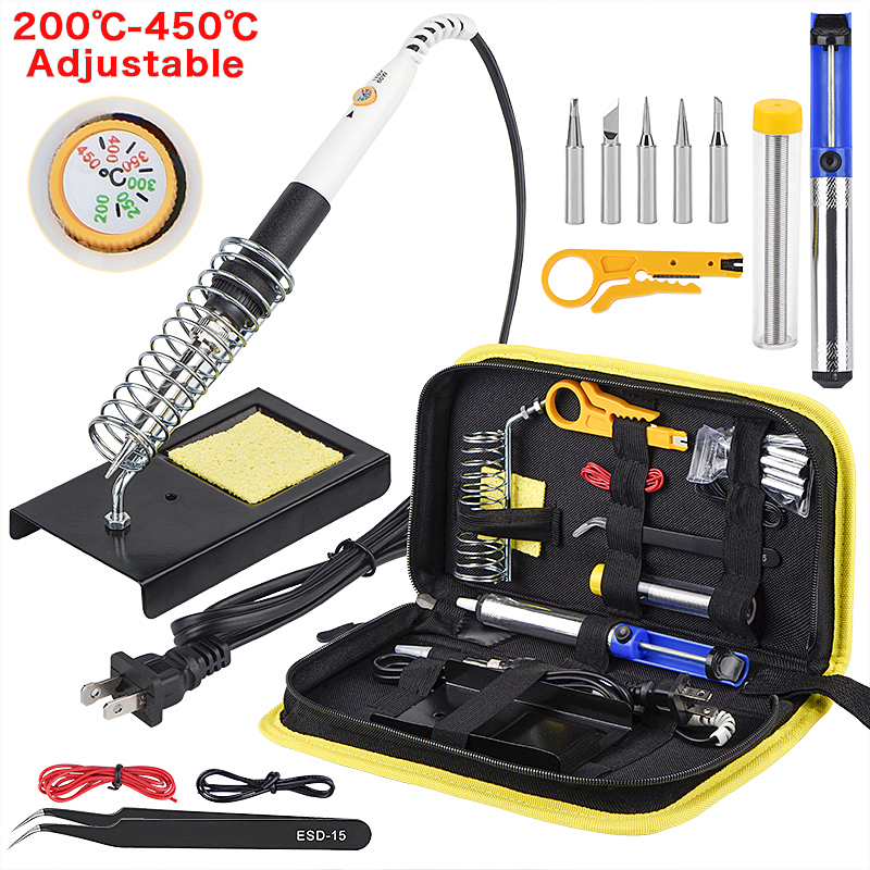 

JCD 220V 60W Electric Soldering iron Adjustable Temperature Solder Welding rework soldering irons kit pump stand holder tips