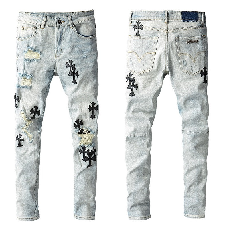 

mens jeans stretch Wholesale Brand heart Prominent Cool Patchwork Customized Ripped Distressed Retro Holes Skateboard Straight Motorcycle Biker denim jean, Blue