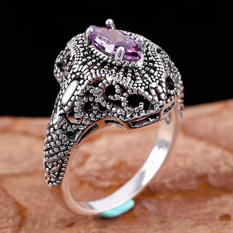 

Wedding Rings Vintage Hollow Silver Color Ring Purple Crystal CZ Stone For Women Punk Personality Party Boho Jewelry Accessories