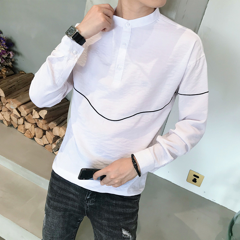 

New Coreano Primavera Novo 2021 Solto Manga Comprida Camisas Para Roupas Masculinas Simples Gola Listra Bordado Pullovers Blusa Homme 4wyl, Black