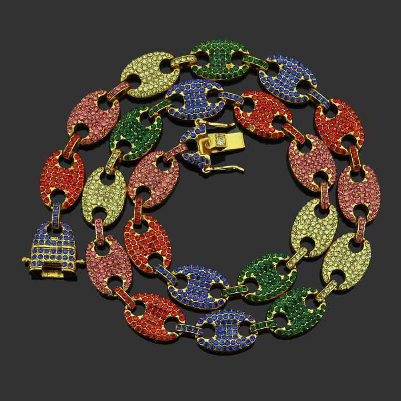

Chains Hip Hop Multicolor Rhinestones Iced Out Coffee Beans Link Chain Men Women Gold Necklaces Male Rapper Jewelry