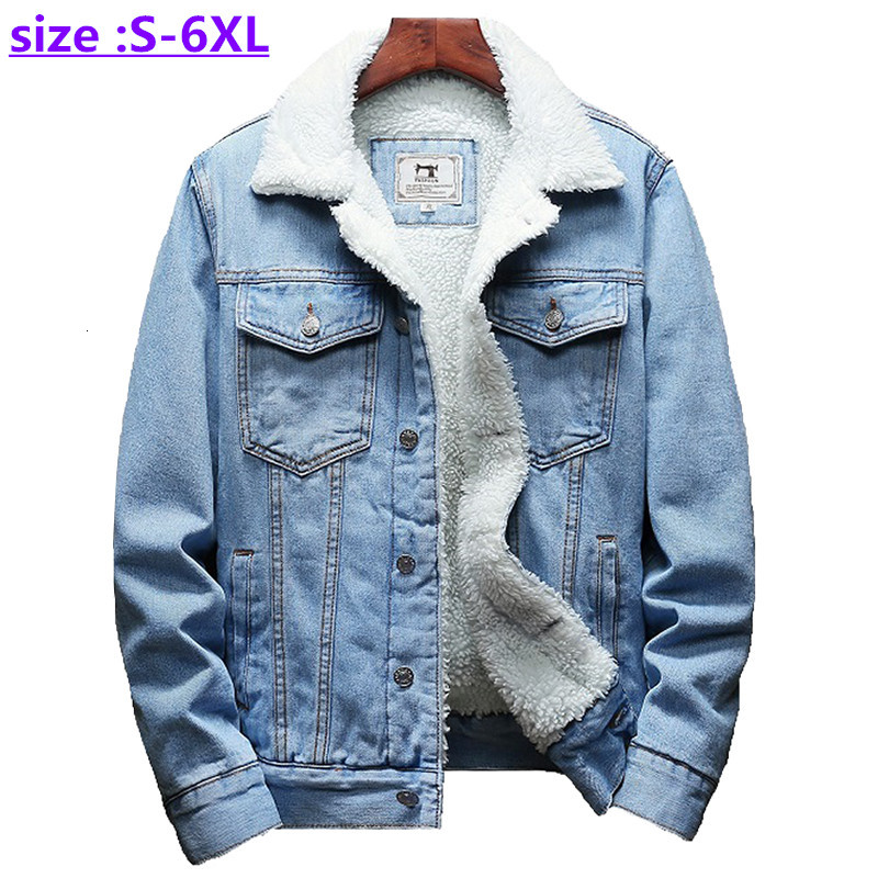 

2021 New Shees Winter Men's Fashion Warm Wool Lining Thicken Coats Large Size 6xl Light Blue Denim Jacket 1ez0