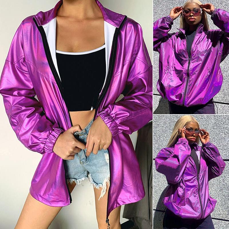

Women' Jackets Streetwear Purple Holographic Oversized Woman Fall Zip Up Metallic Windbreaker Hip Hop Coat