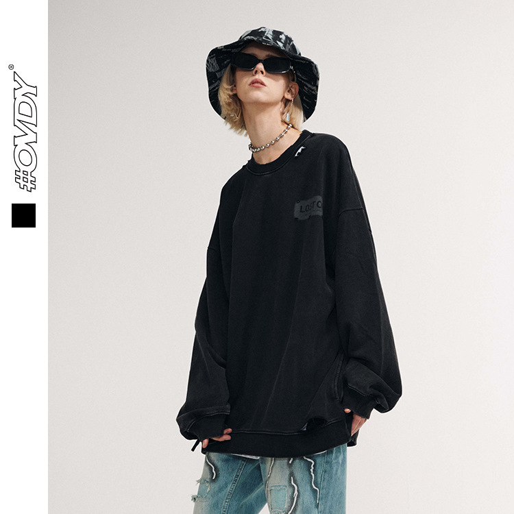 

wxwovdy men's autumn and winter fashion brand hip hop personalized pullover make old terry casual loose round collar men's sweater, Black
