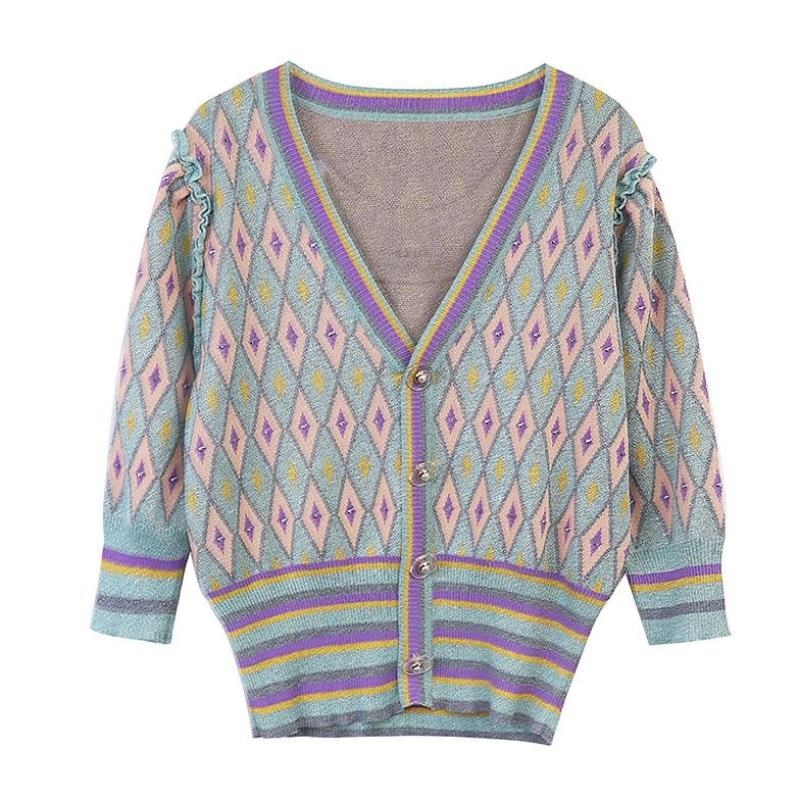 

Vintage Diamond pattern Jacquard Knitted Cardigan Outwear Summer Beaded Half sleeve Ruffles Shinny Sweater 210525, Violet