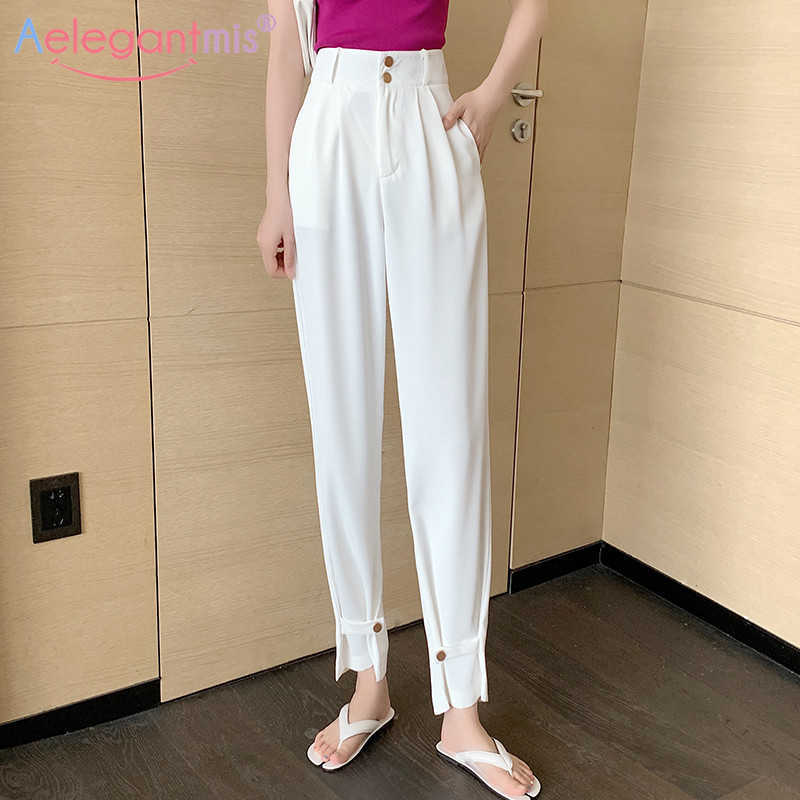 

Aelegantmis Black Suit Pants Women High Waist Office Lady Pockets Ankle-Length Ladies Pink White Casual Trousers 210607