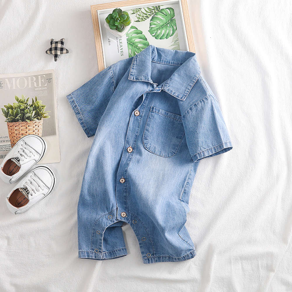 

Baby summer denim Jumpsuit short sleeve creeping male baby clothes children's, White