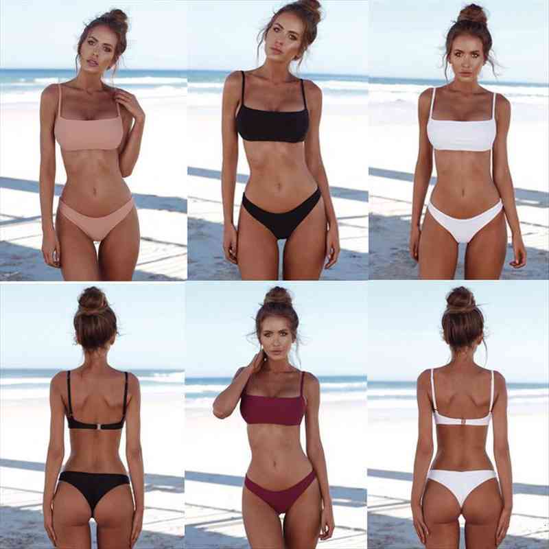 

women bikini set summer bandage push-up bra and panties bikini set bathing swimwear pure color swimming costume, White;black