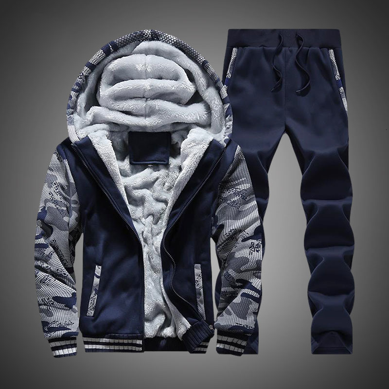 

2021 New Tracksuit Winter Camouflage Hoodies Casual Hooded Warm Sweatshirts Male Thicken Fleece 2pc Jacket+pant Men Moleton Masculino Hlo1, Blue