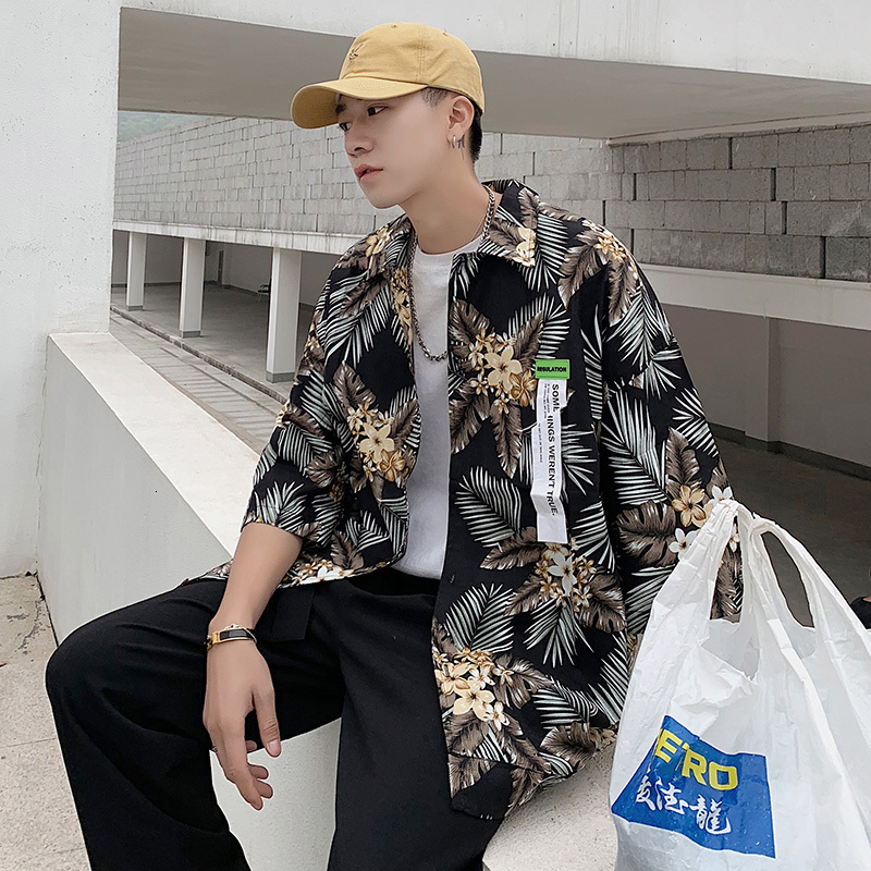 

2021 New Summer Men's Fashion Trend Short Sleeve Streetwear Cotton Clothes Loose Printing Hawaiian Black Color Shirt S-2xl F5h6