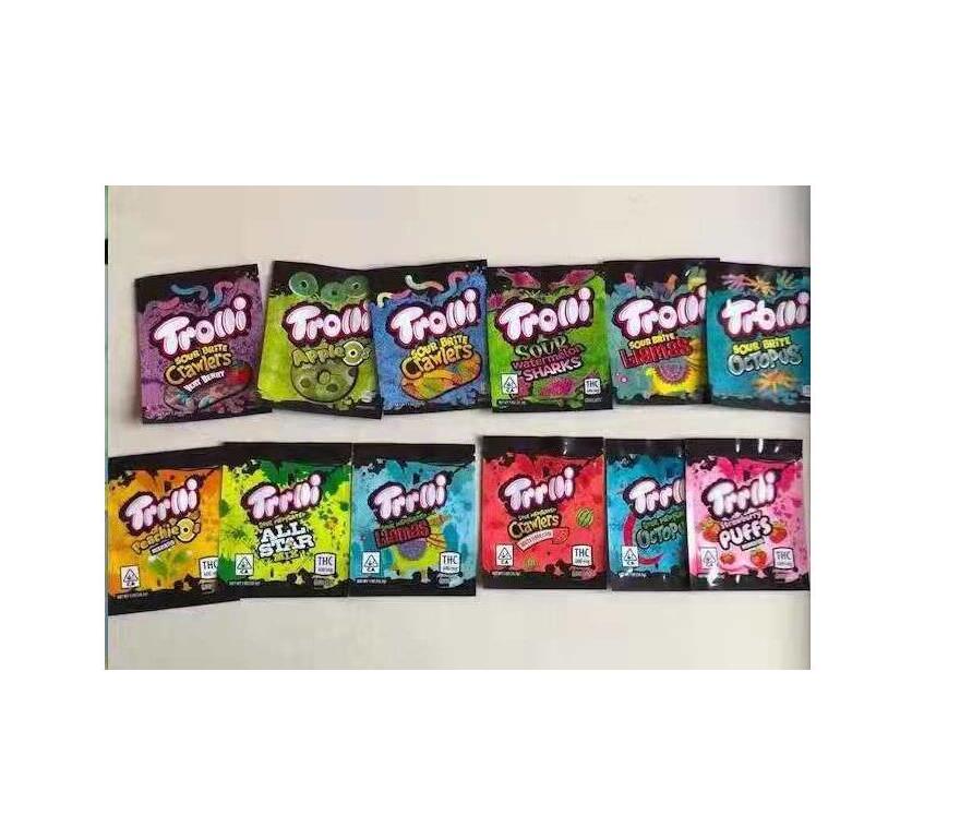 

12 Types NEW hot medicated mylar bag trolli trrlli Errlli edibles Gummies packaging smell proof resealable zipper pouch 600mg custom logo