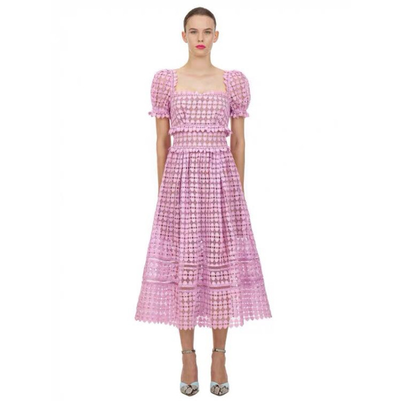

Runway Summer Women Party Dress Self Portrait Purple Square Collar Lace Midi Female Puff Sleeve Holiday 210525, Short