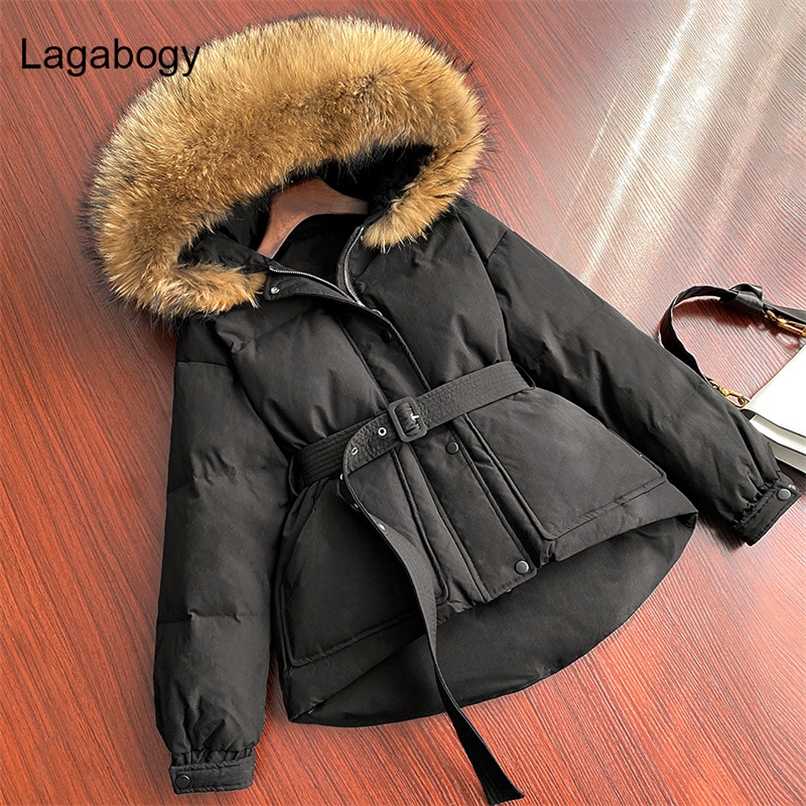 

Lagabogy Winter Women Coat Thick Warm Large Real Fur 90% White Duck Down Parka Female Hooded Puffer Jacket With Belt 211108, Black coat brown fur