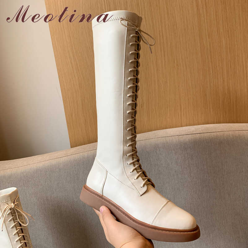 

Meotina Winter Long Boots Women Natural Genuine Leather Flat Knee High Boots Lace Up Round Toe Shoes Female Autumn Size 39 210608, Black synthetic lini