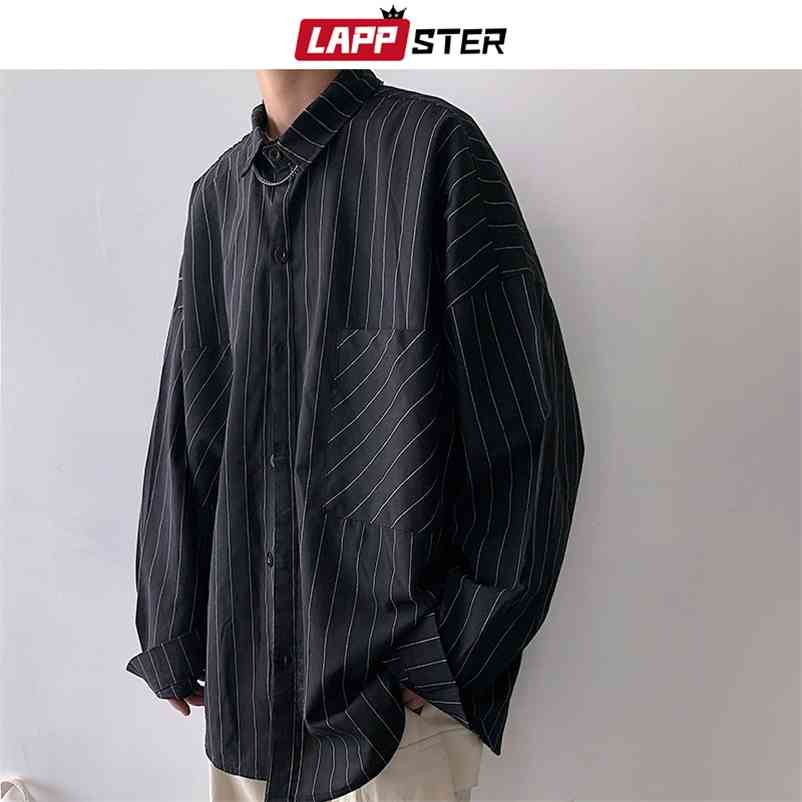 

LAPPSTER Men Striped Shirts Streetwear Casual Man Black Oversized Shirts White Harajuku Vintage Long Sleeve Shirt For Men 210708