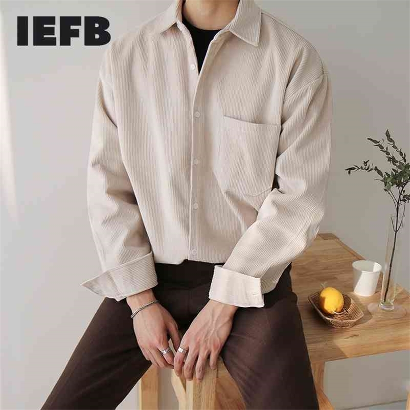 

IEFB /men's wear Spring loose corduroy shirt Korean style trend casual handsome oversize tops vintage clothes 9Y892 210708, Shallow khaki spot