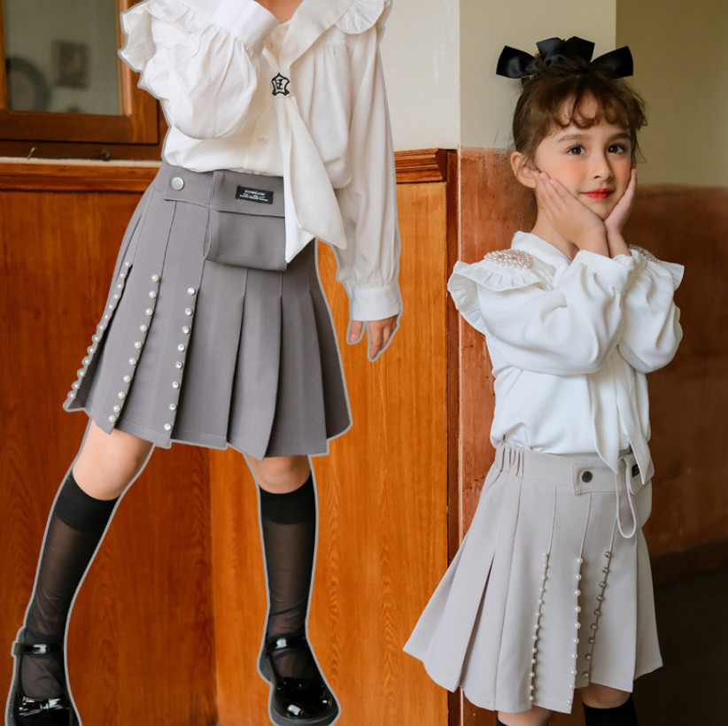 

Girls Beaded Waist Bag Skirt High quality Children love heart pearl pleated skirt 2021 New Kids Princess Skirt A5844, Gray