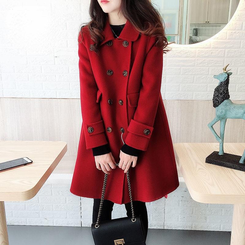 

Women' Wool & Blends Lamb Fur Coat Jacket Female Autumn Winter 2021 Middle-length Loose Double Breasted Lapel Thick Warm Woolen Y519, Red