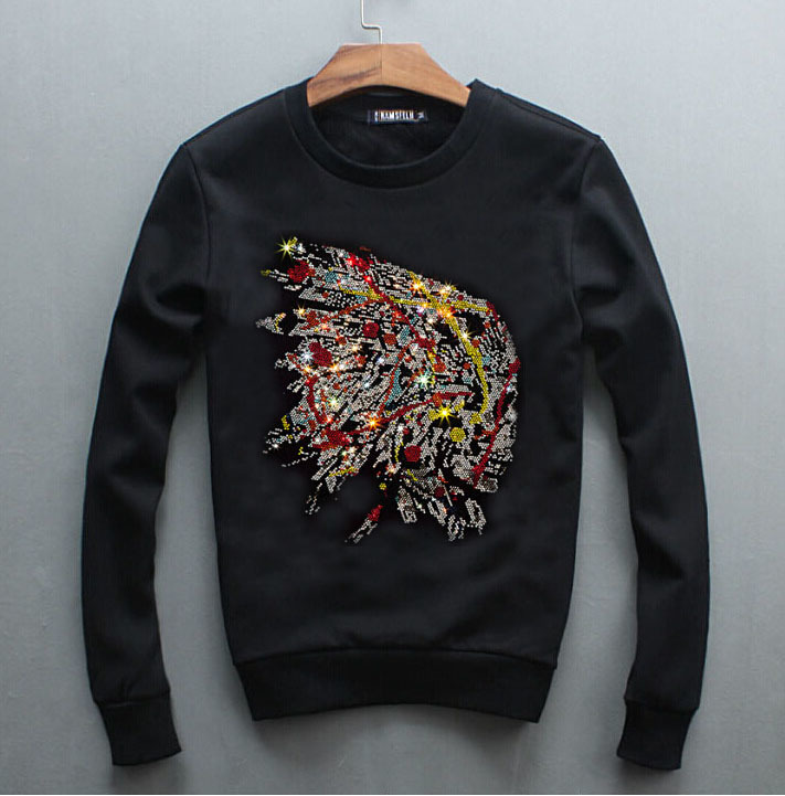 

2021 New M-4xl Hoodies Long Black Sleeve Male Casual Hoodie with Rhinestones Wlhp, As shown in the figure