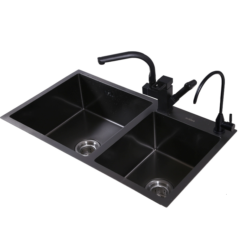 

2021 New Sinks with Tap Nano 304 Stainless Steel Manual Kitchen Sink Black Double Bowls Md286 L5z6