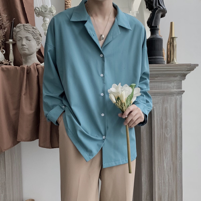 

2021 New Spring Men's Fashion Solid Color Business Casual Shirt Men Streetwear Long-sleeved Shirts Mens Social Gex7, Blue