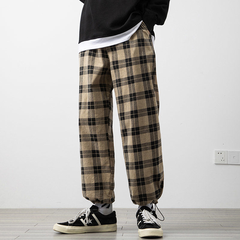 

2021 New Spring Autumn Plaid Men's Fashion Retro Casual Men Streetwear Korean Loose Hip-hop Straight-leg Pants Mens Trousers Aqf7, Gray