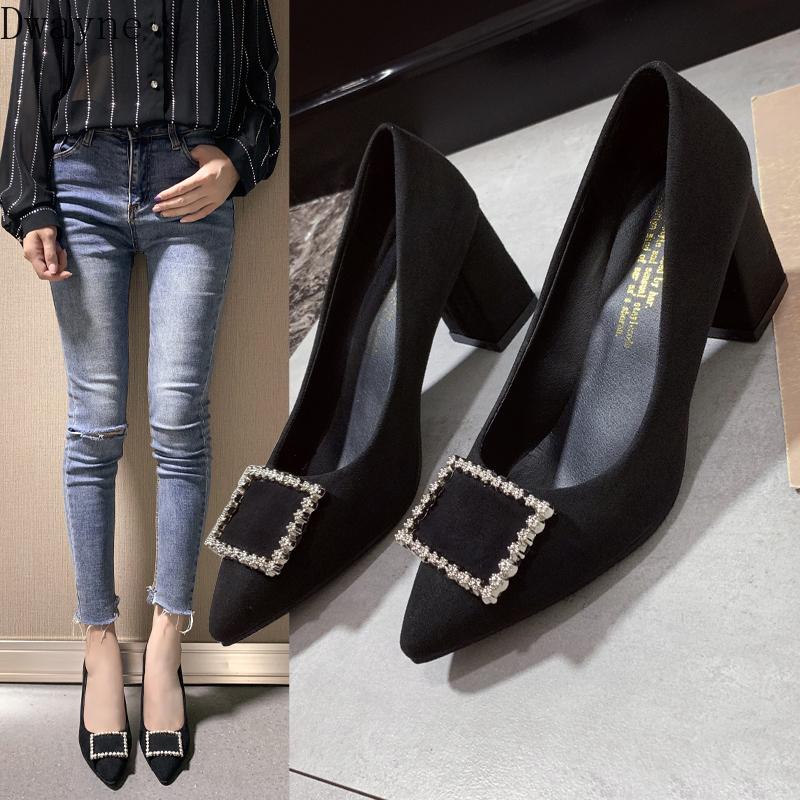 

Dress Shoes Square Heel High Heels Autumn Pointed Shallow Mouth Suede Single Simple Comfort Women's Fashion Black Work, 558 black 7 cm