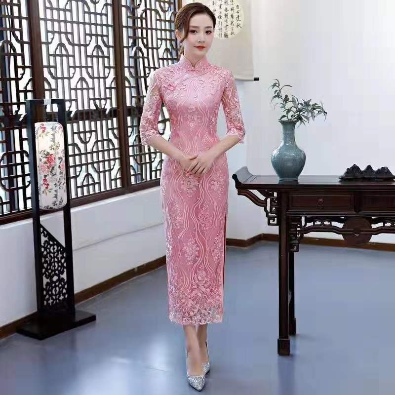 

Pink Floral Embroidery Long Qipao Women Elegant Collar Sexy Slim Cheongsam Exquisite Chinese Formal Party Dress Zcx2, Burgundy