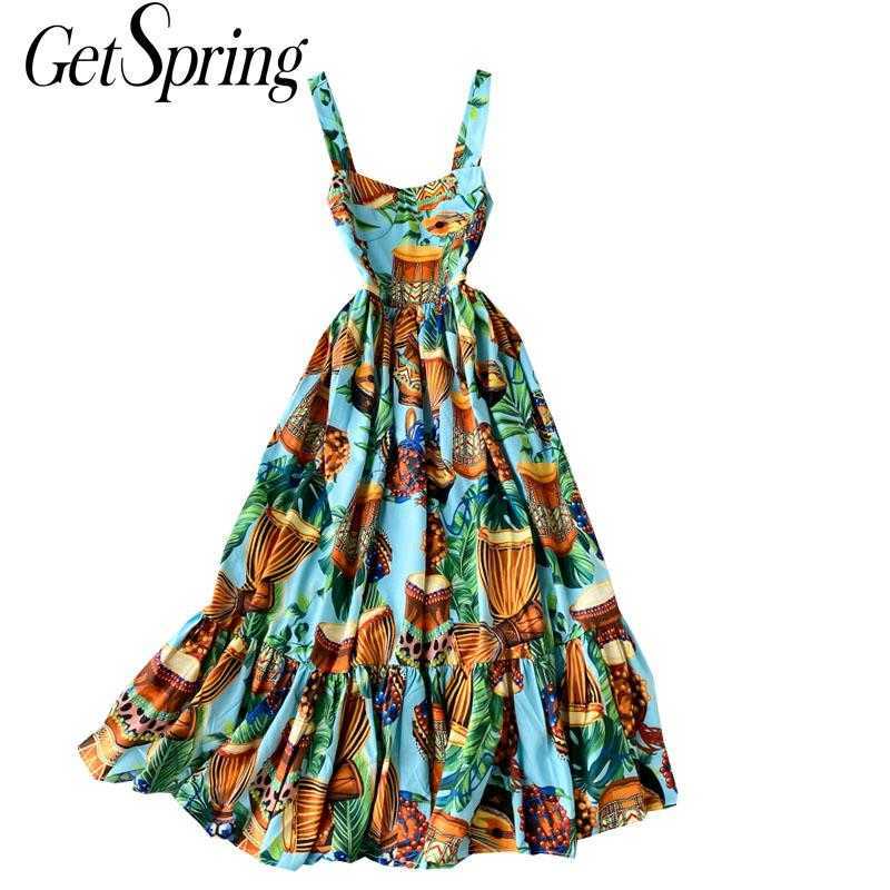 

Getspring Women Dress Sleeveless Spaghetti Strap Printing Dresses Vintage Sexy Flowers Bohemian For 210601, Pink