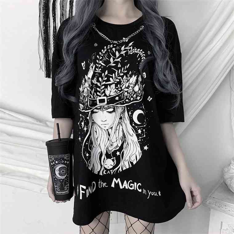 

InsGoth Vintage Oversized T-shirts Gothic Swith Print Loose Women Black Top T-shirt Streetwear Casual O-neck Punk Long Tops