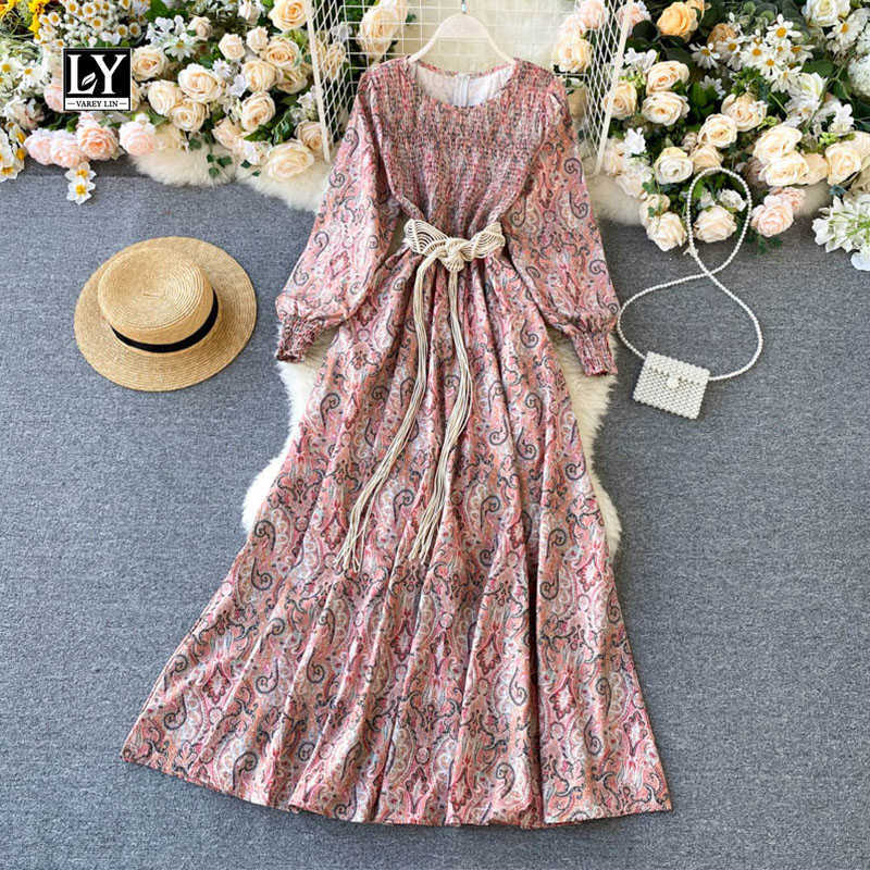

LY VAREY LIN Autumn Vintage Print Dresses Women Bohemian Style Long Puff Sleeve O Neck Lace Up Back Zippers Pink Dress 210526