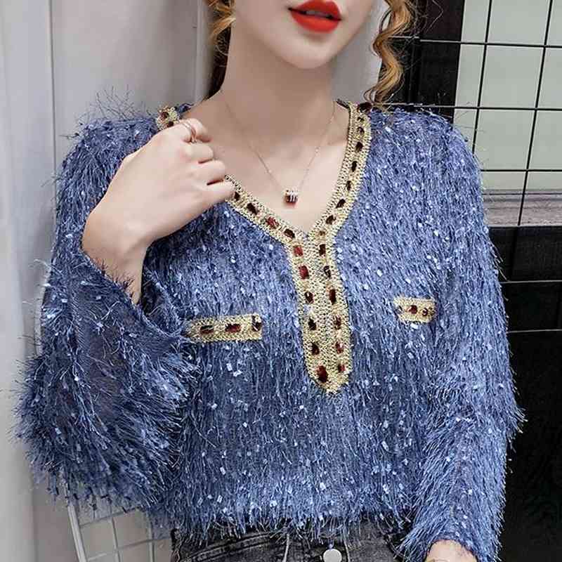 

Blouse Women Long Sleeve Blusas Mujer De Moda Beading V-Neck Tassel Lace Blouse Shirt Tops Women Blusa Women Clothing D968 210602, Blue