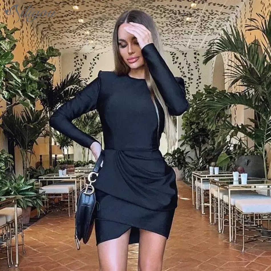 

Women Winter Sexy Long Sleeve Draped Black Mini Bodycon Bandage Dress Designer Elegant Evening Party Vestido 210527