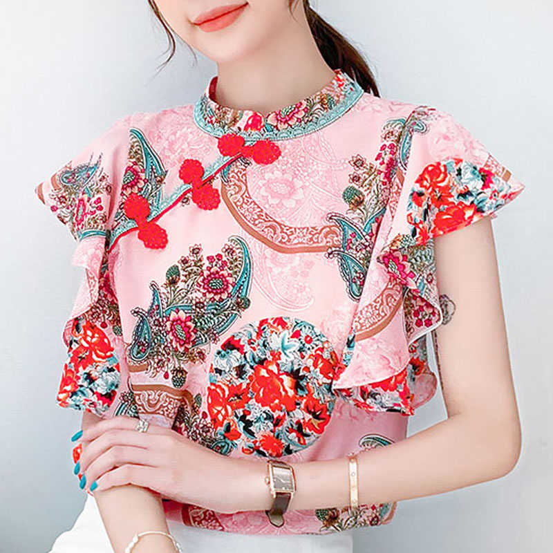 

Blusas Mujer De Moda Blouse Women Summer Tops Ruffles Short Sleeve Blouse Shirt Print Chiffon Blouse Women Tops Shirts D209 210602, Apricot