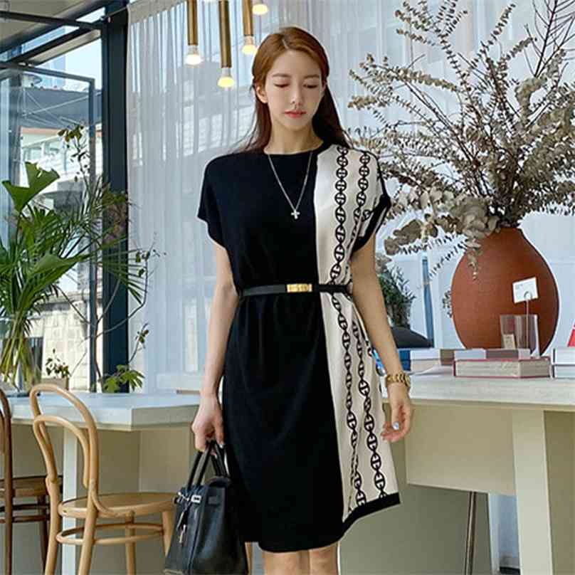 

Loose Midi Dress for women Summer Black stitching Short Sleeve Crew neck Line ladies Vintage Dresses 210602, The picture color