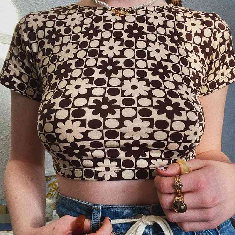 

summer women' print contrast slim open navel top round neck short sleeve retro T-shirt for women y2k goth tops 210602, Brown