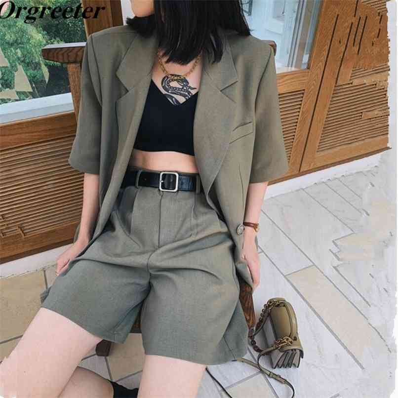 

Streetwear ArmyGreen Two piece set Women Summer Temperament Thin Short Sleeve Suit Coat and Shorts Ensemble Femme 210602, Army green