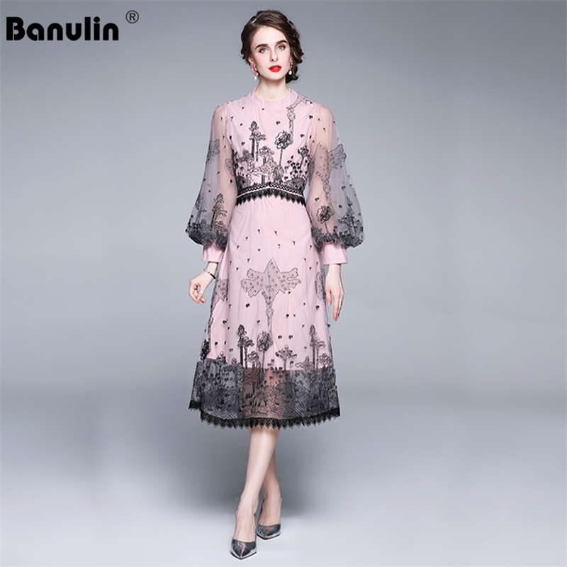 

Spring Women Luxury Embroidery Lace Dress Festa High Quality Lantern Sleeve Elegant Party Robe Femme Vintage Vestidos 210603, Pink
