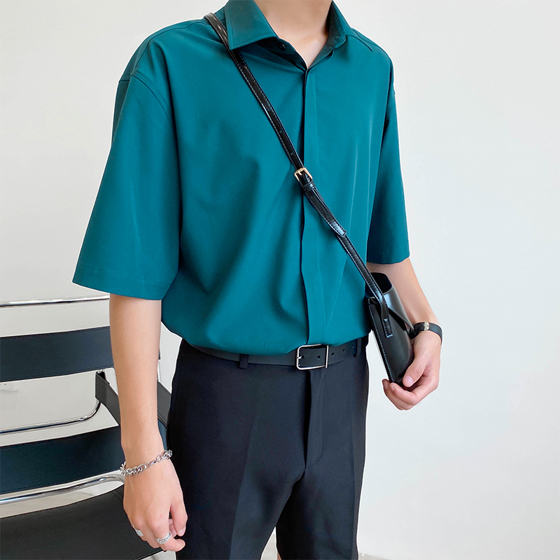 

2021 New Men's Long Sleeve Solid Color Hawaiian Shirt Camisa Masculina Streetwear French Cuff Mens Fashion Clothes Shirts -xl V27t, Short sleeves