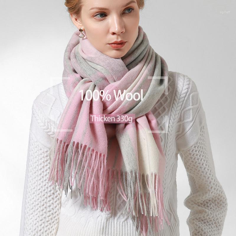 

Scarves Winter 100% Wool Scarf Women Korean Pink Plaid Thicken Warm Shawls And Wraps Long Pashmina Blanket Wide Lattices, Blue;gray